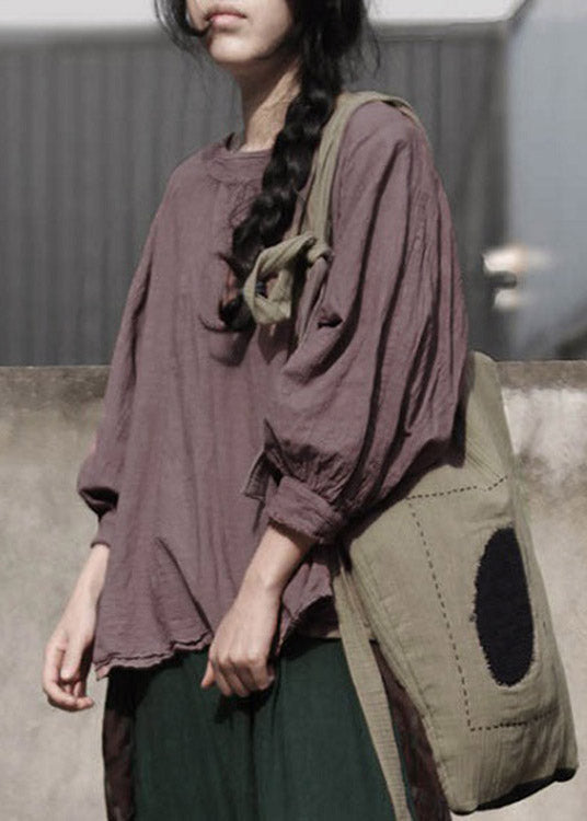 Retro Coffee O-Neck Linen T Shirt Long Sleeve