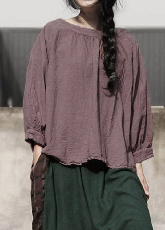 Retro Coffee O-Neck Linen T Shirt Long Sleeve