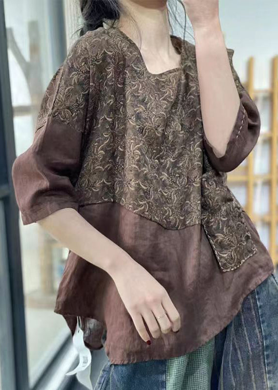 Retro Coffee O Neck Print Patchwork Linen Tops Half Sleeve