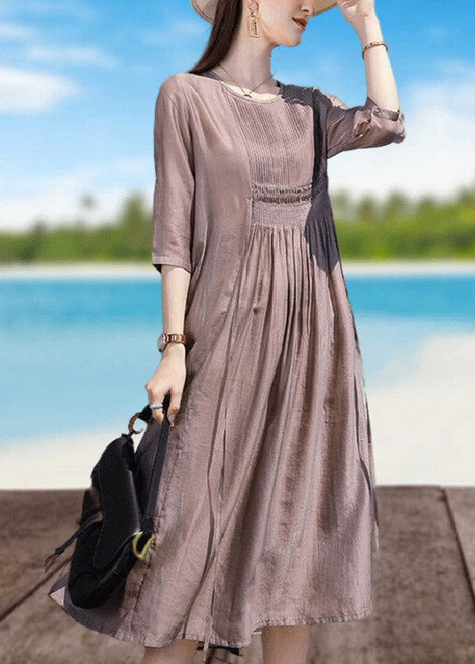 Retro Coffee O-Neck Wrinkled Linen Holiday Long Dresses Short Sleeve