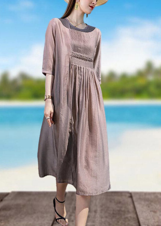 Retro Coffee O-Neck Wrinkled Linen Holiday Long Dresses Short Sleeve