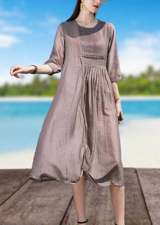 Retro Coffee O-Neck Wrinkled Linen Holiday Long Dresses Short Sleeve