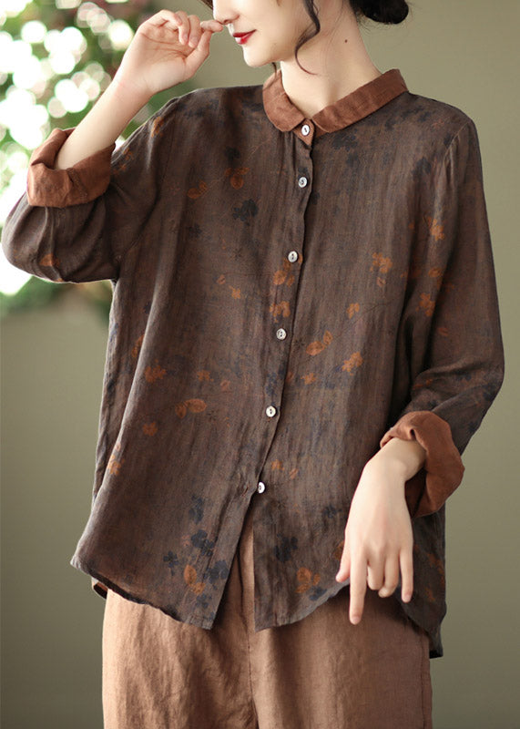 Retro Coffee Peter Pan Collar Button Print Patchwork Linen Blouses Long Sleeve