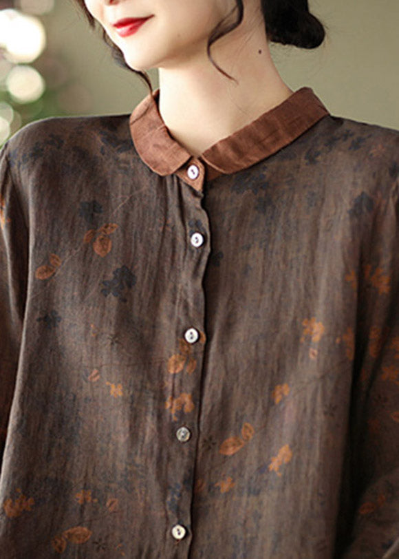 Retro Coffee Peter Pan Collar Button Print Patchwork Linen Blouses Long Sleeve