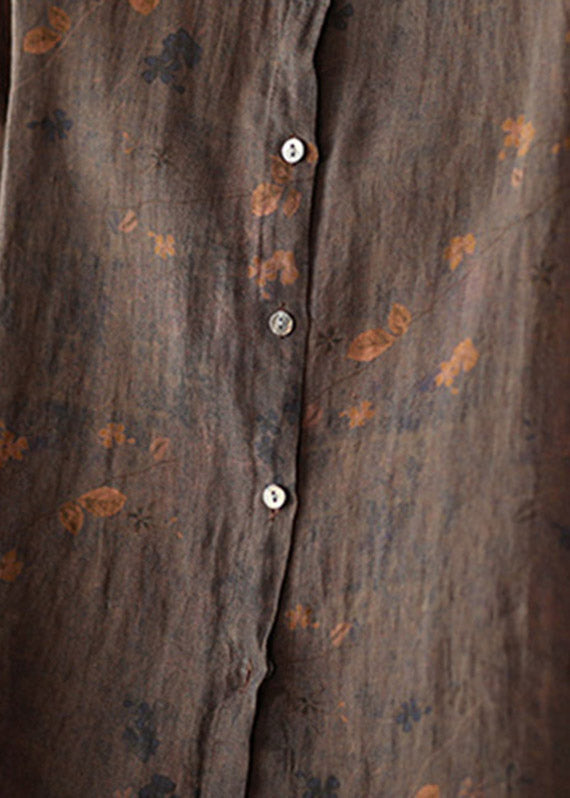 Retro Coffee Peter Pan Collar Button Print Patchwork Linen Blouses Long Sleeve
