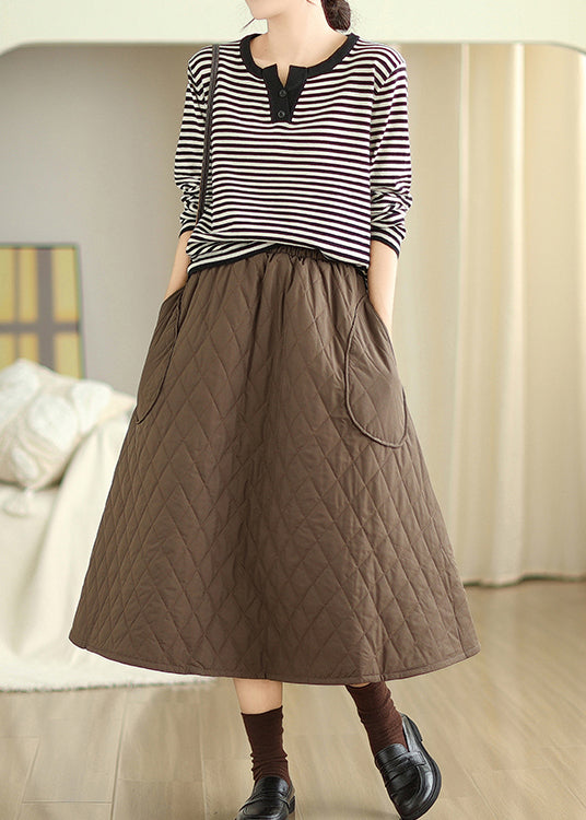 Retro Coffee Pockets Elastic Waist Fine Cotton Filled Skirt Winter