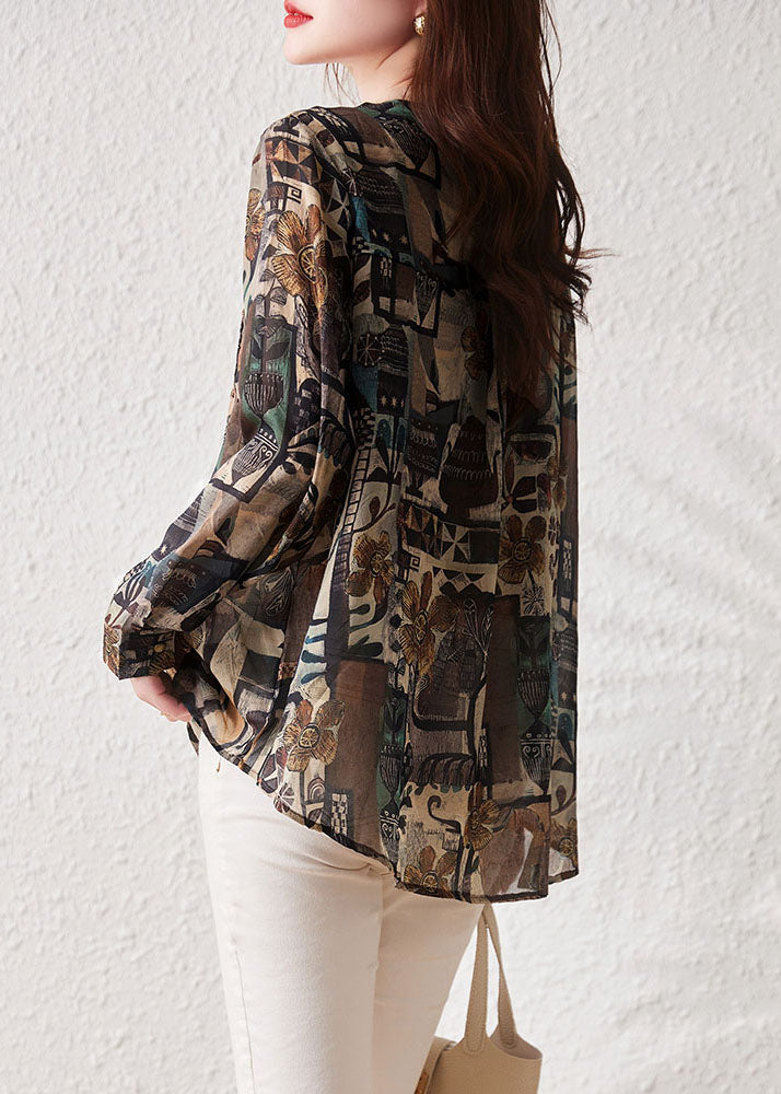 Retro Coffee Print Rivet Patchwork Cotton Shirts Top Long Sleeve