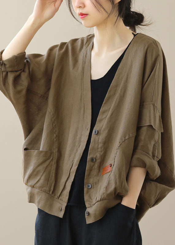 Retro Coffee V Neck Pockets Button Patchwork Linen Cardigan Coat Fall