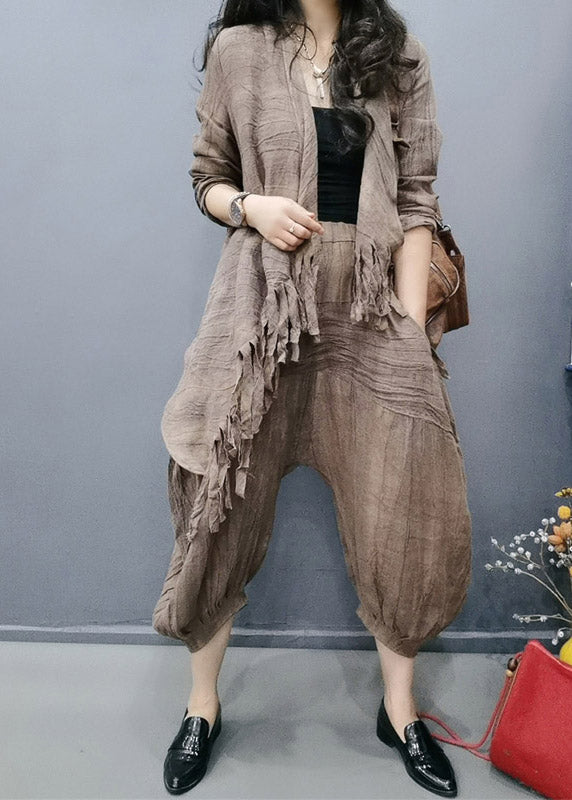 Retro Coffee V Neck Tasseled Wrinkled Linen Coats And Lantern Pants Two Pieces Set Spring