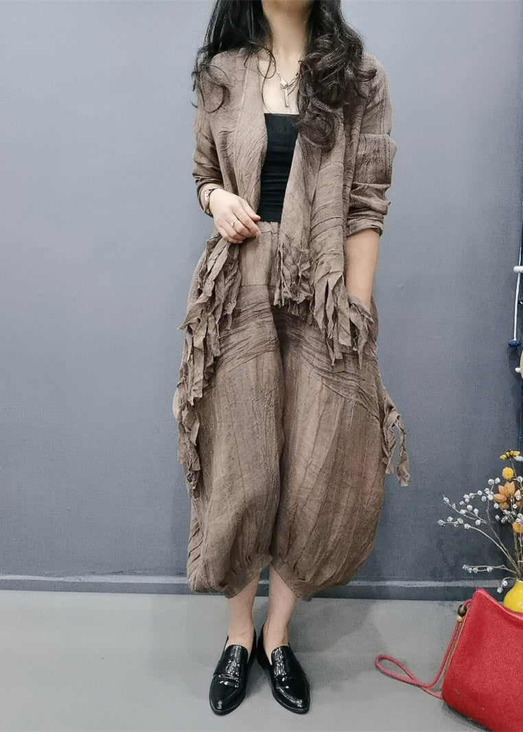 Retro Coffee V Neck Tasseled Wrinkled Linen Coats And Lantern Pants Two Pieces Set Spring
