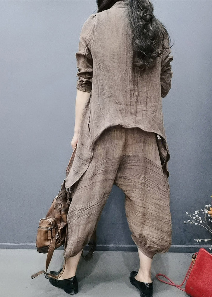 Retro Coffee V Neck Tasseled Wrinkled Linen Coats And Lantern Pants Two Pieces Set Spring