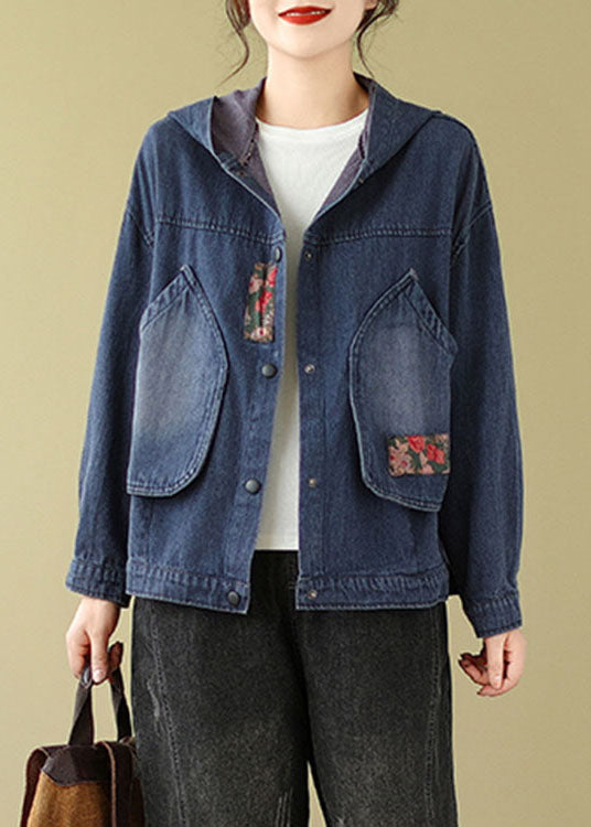 Retro Denim Blue Pockets Print Hooded Coats Fall