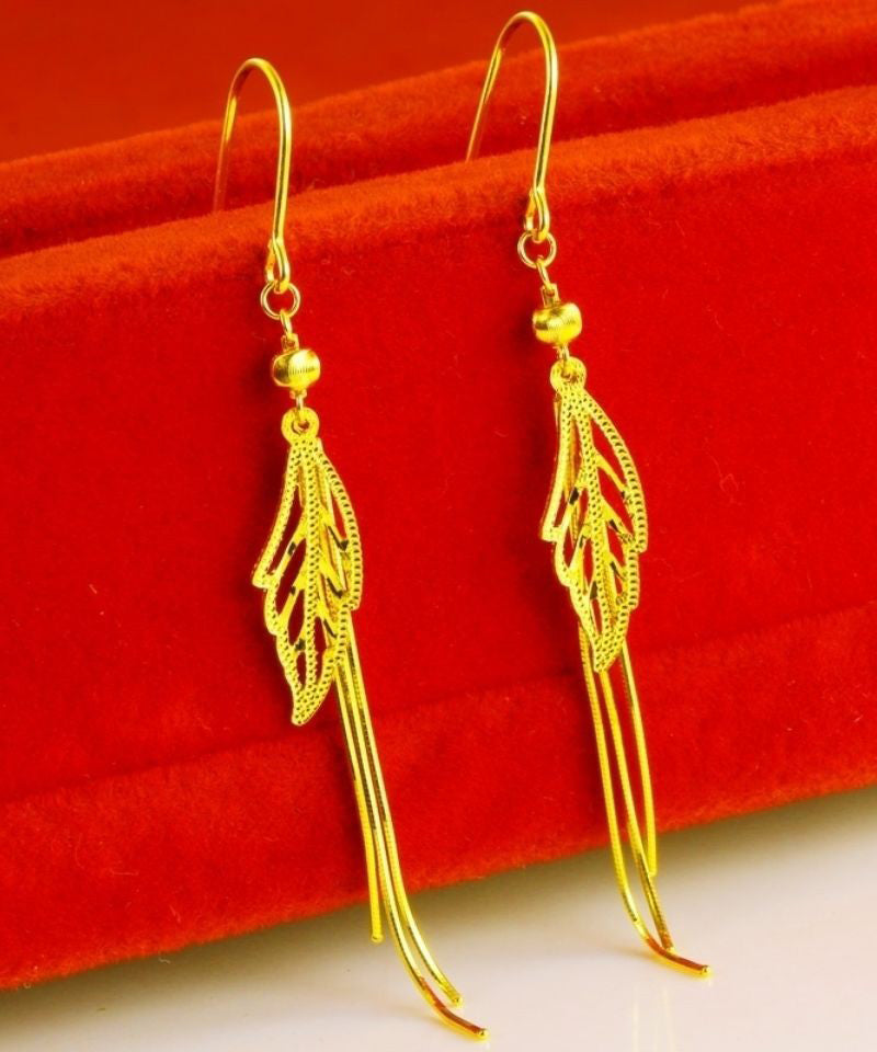 Retro Gold Sterling Silver Overgild Hollow Out Leaves Tassel Drop Earrings