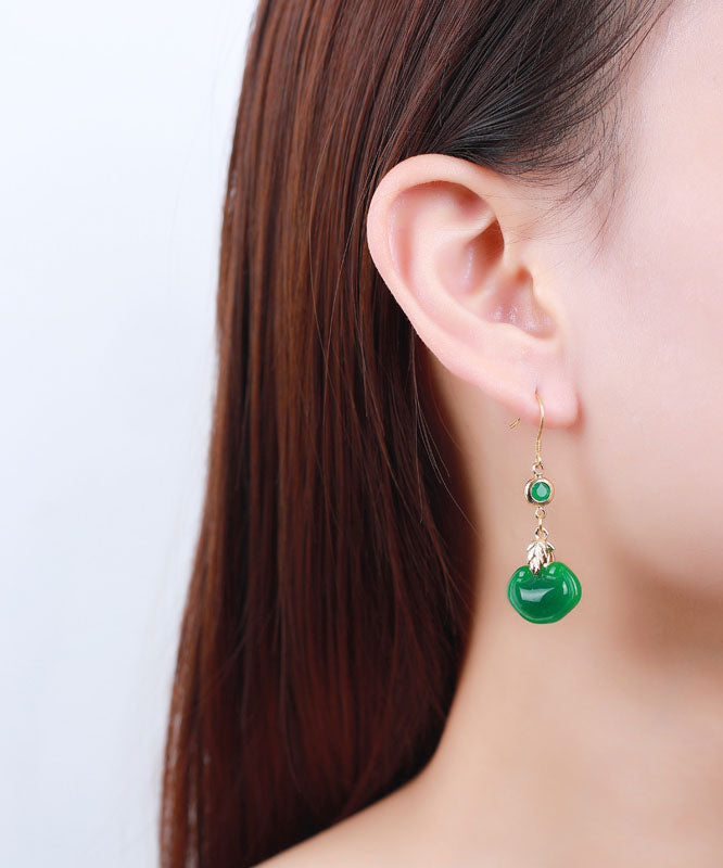 Retro Green 14K Gold Jade Ruyi Drop Earrings