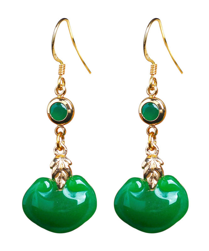 Retro Green 14K Gold Jade Ruyi Drop Earrings