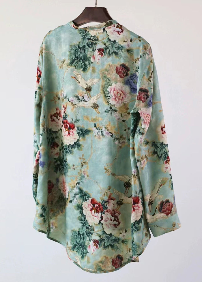 Retro Green Button Print Low High Design Silk Shirt Fall