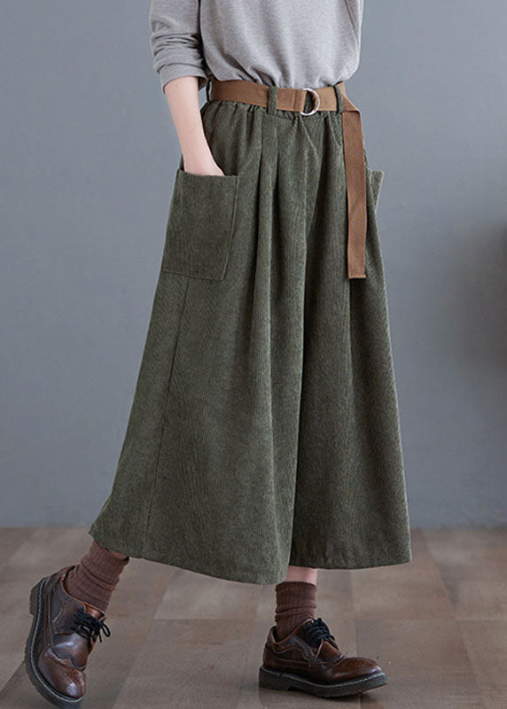 Retro Green Elastic Waist Corduroy Crop Wide Leg Pants