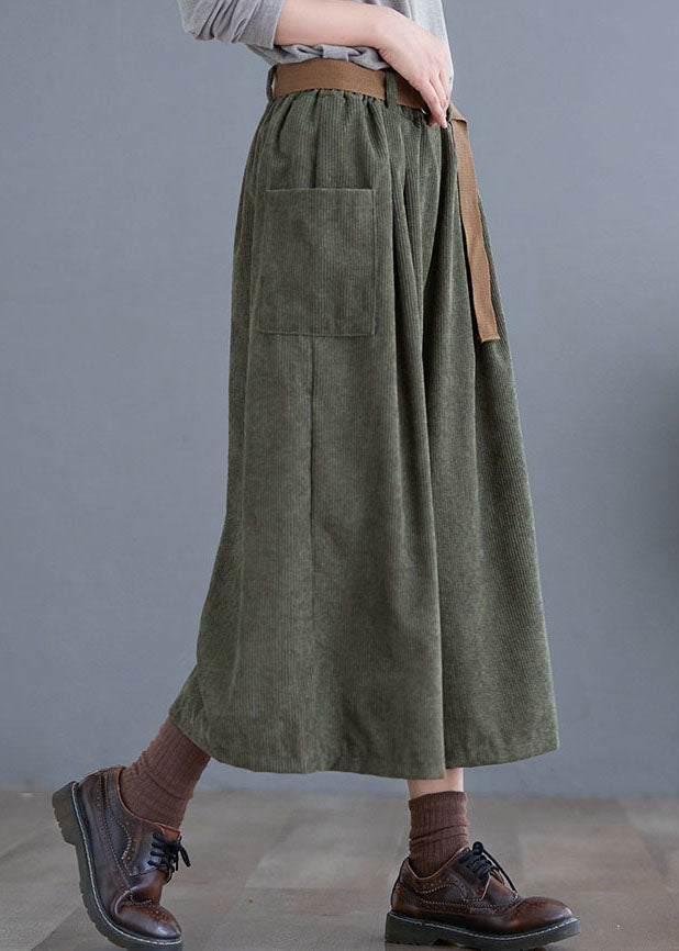 Retro Green Elastic Waist Corduroy Crop Wide Leg Pants