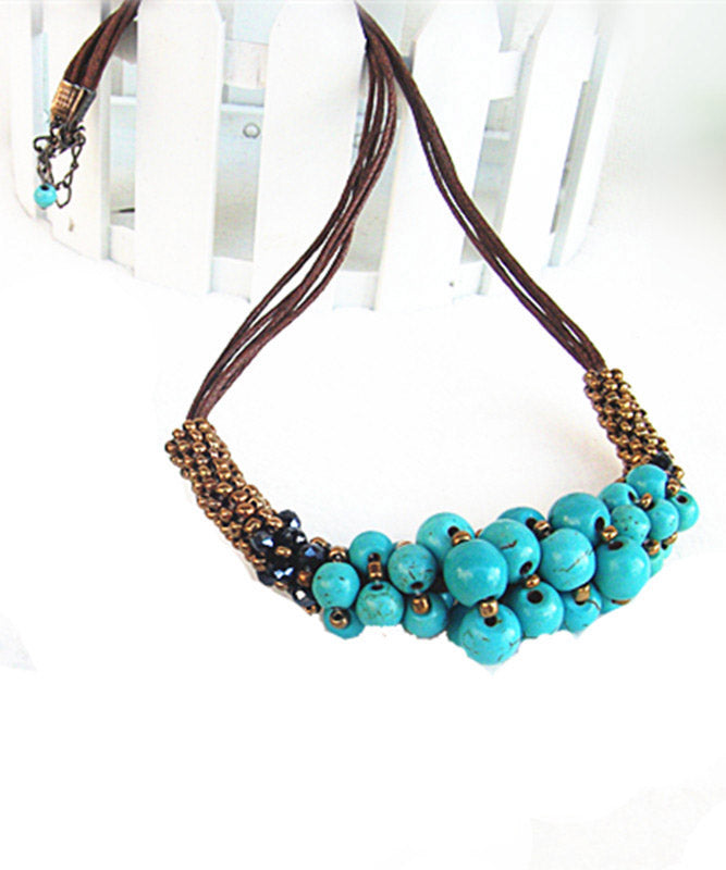 Retro Green Faux Leather Turquoise Gratuated Bead Necklace