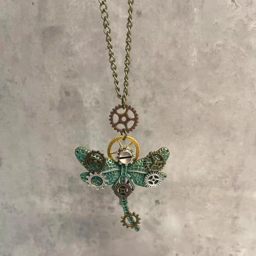 Retro Green Metal Alloy Gear Dragonfly Pendant Necklace