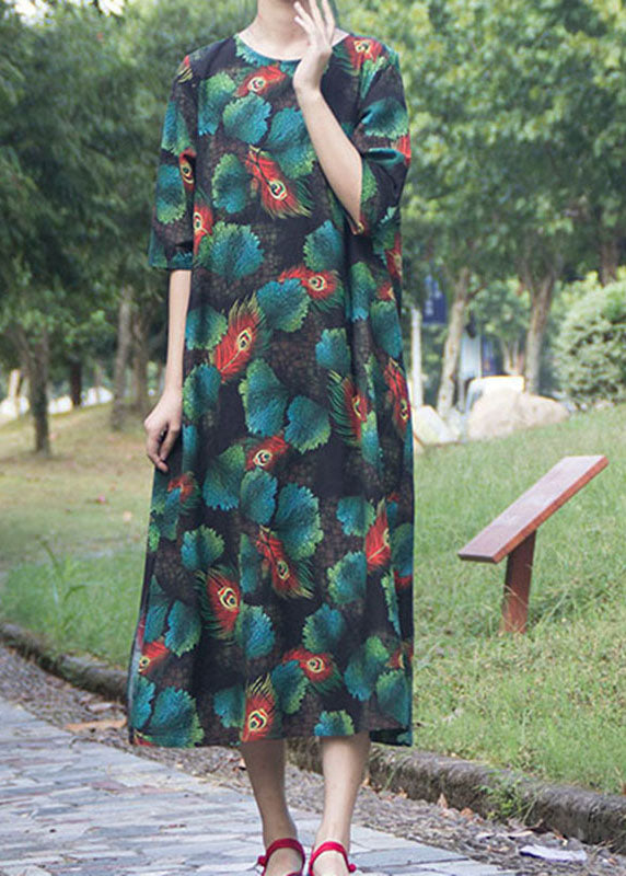 Retro Green O-Neck Print Side Open Vacation Long Dresses Short Sleeve