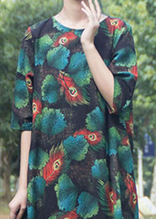 Retro Green O-Neck Print Side Open Vacation Long Dresses Short Sleeve