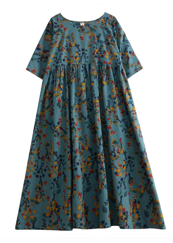 Retro Green O-Neck Print Wrinkled Cotton Maxi Dress Short Sleeve