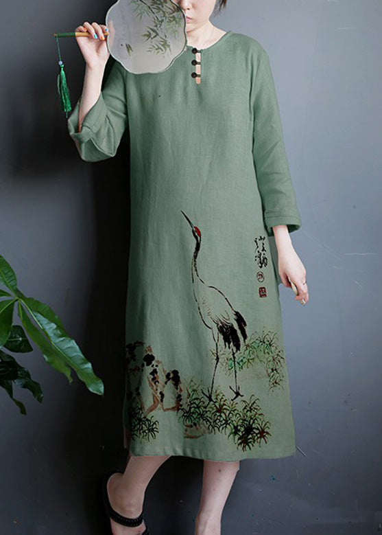 Retro Green Print Side Open Linen Party Maxi Dress Short Sleeve