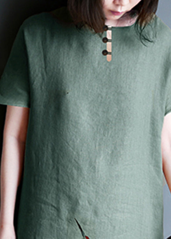 Retro Green Print Side Open Linen Party Maxi Dress Short Sleeve