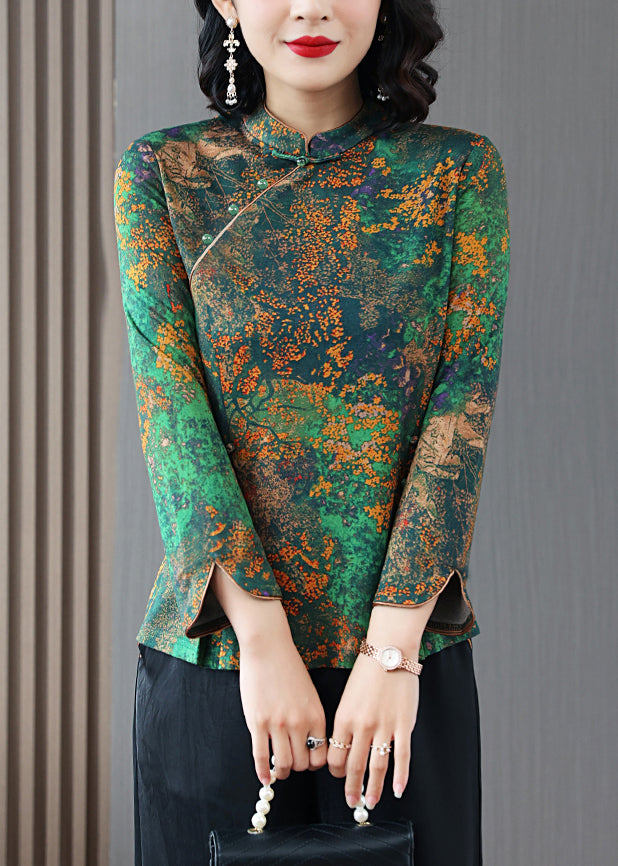 Retro Green Stand Collar Print Button Silk Top Long Sleeve