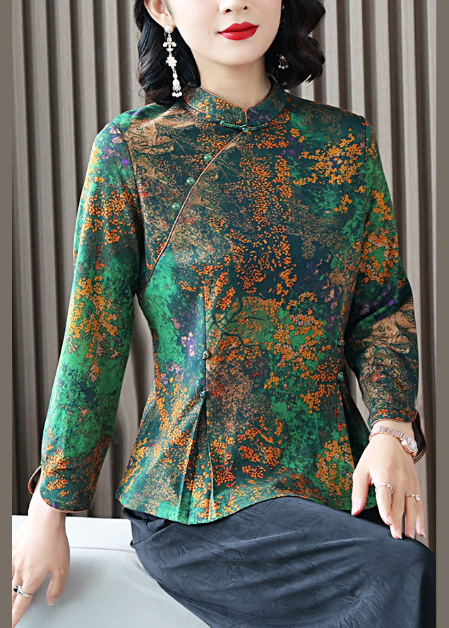 Retro Green Stand Collar Print Button Silk Top Long Sleeve