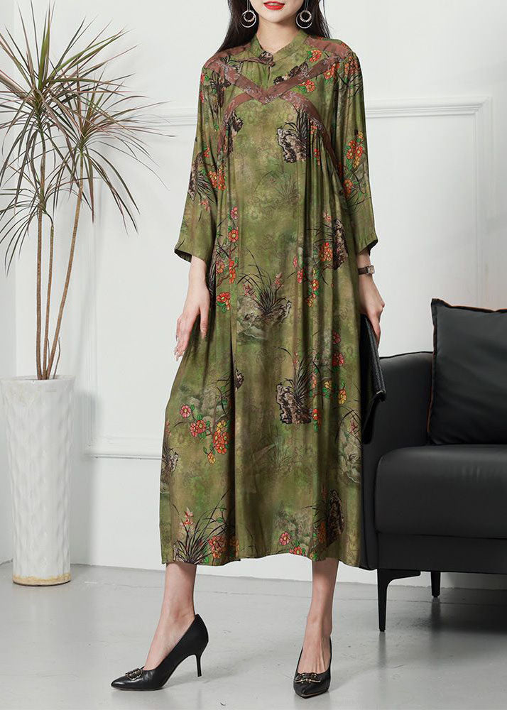 Retro Green Stand Collar Print Wrinkled Long Silk Dress Spring