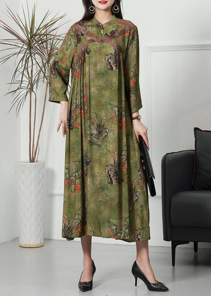 Retro Green Stand Collar Print Wrinkled Long Silk Dress Spring