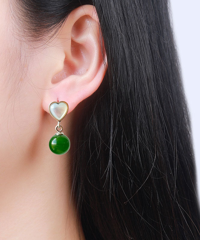 Retro Green Sterling Silver Inlaid Love Shell JadeDrop Earrings