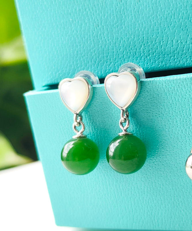 Retro Green Sterling Silver Inlaid Love Shell JadeDrop Earrings