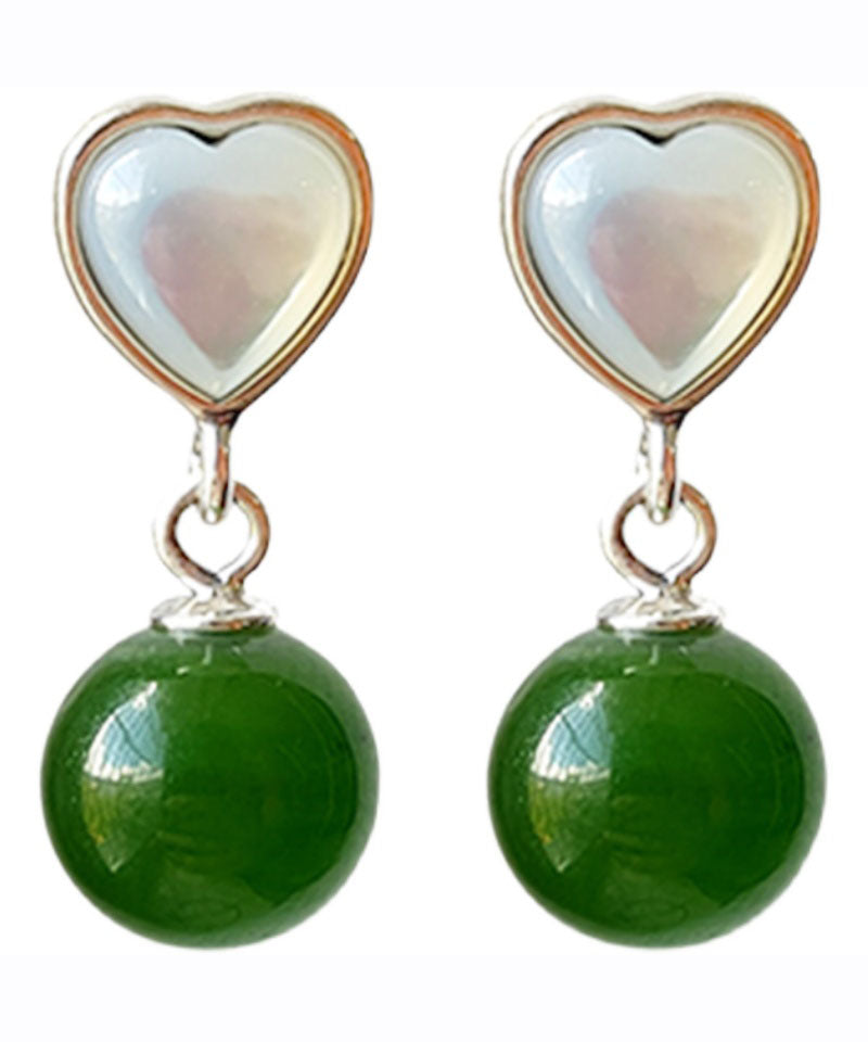 Retro Green Sterling Silver Inlaid Love Shell JadeDrop Earrings