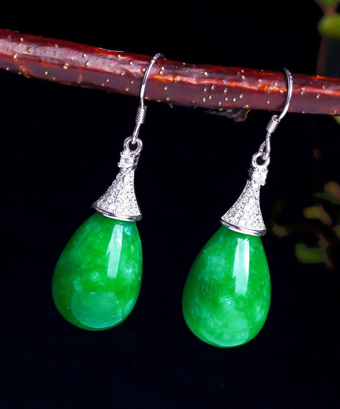 Retro Green Sterling Silver Jade Water Drop Drop Earrings