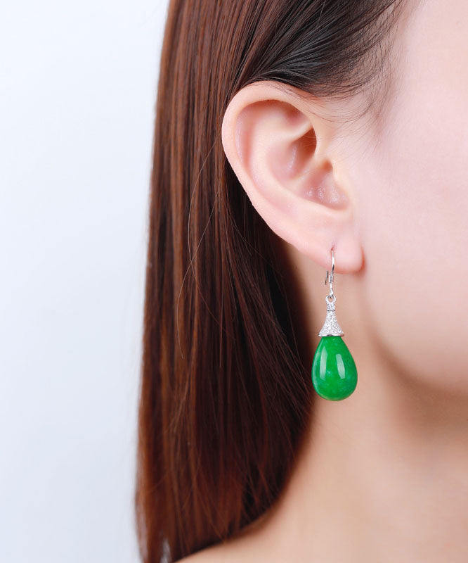 Retro Green Sterling Silver Jade Water Drop Drop Earrings