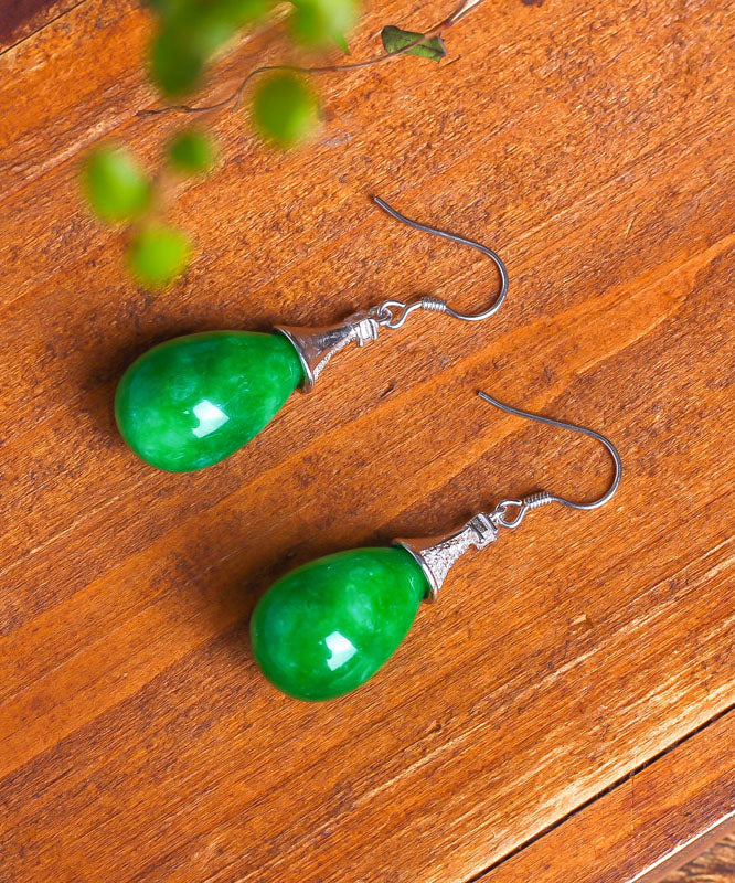 Retro Green Sterling Silver Jade Water Drop Drop Earrings