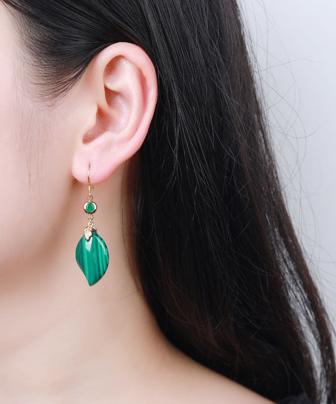 Retro Green Sterling Silver Overgild Inlaid Gem Stone Drop Earrings