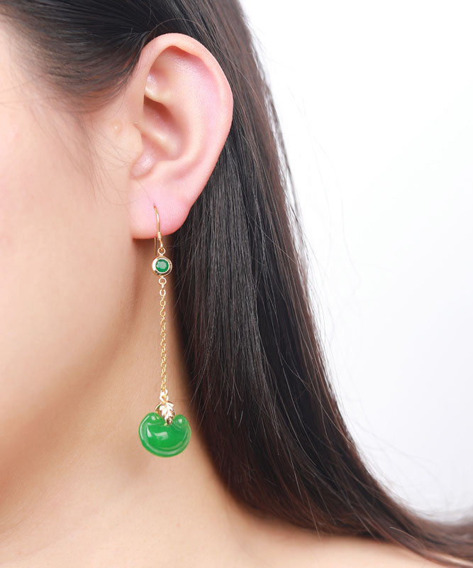 Retro Green Sterling Silver Overgild Jade Drop Earrings