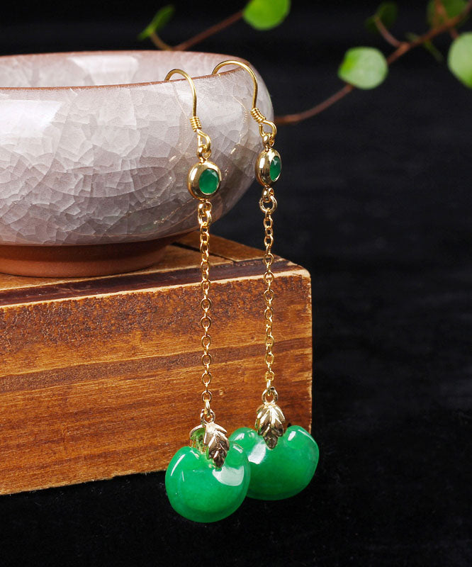 Retro Green Sterling Silver Overgild Jade Drop Earrings