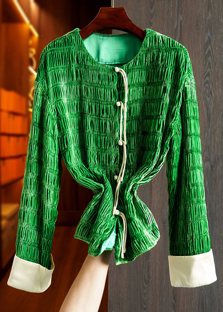 Retro Green Tasseled Wrinkled Patchwork Silk Velour Coats Fall