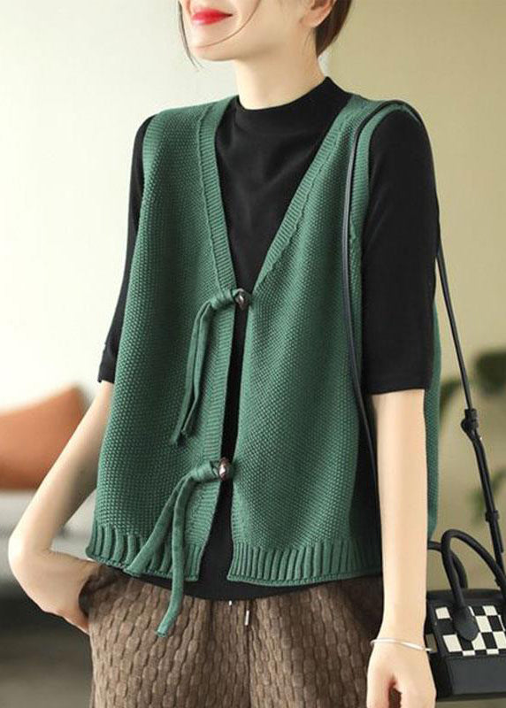 Retro Green V Neck Button Knit Waistcoat Sleeveless
