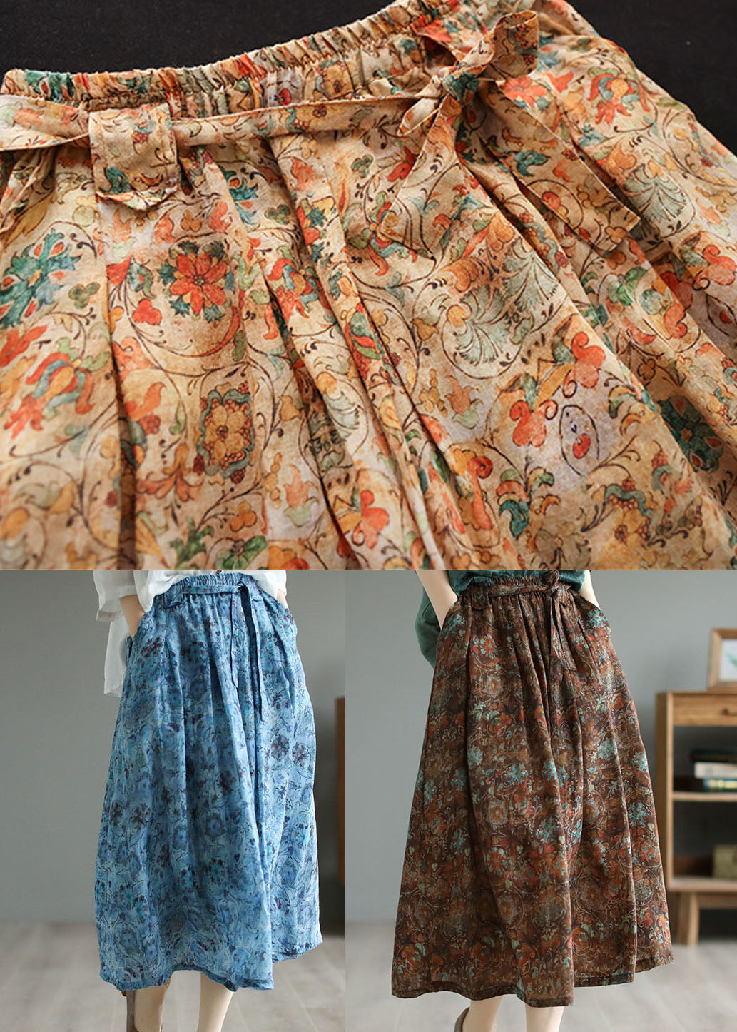 Retro Khaki Wrinkled Pockets Print Patchwork Linen Skirts Summer