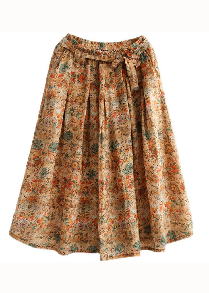 Retro Khaki Wrinkled Pockets Print Patchwork Linen Skirts Summer
