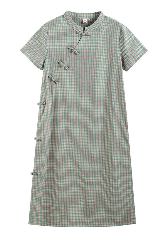 Retro Light Green Stand Collar Plaid Cotton Cheongsam Dress Short Sleeve