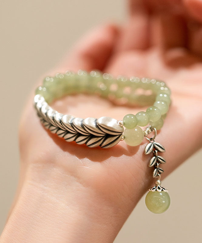 Retro Light Green Sterling Silver Jade Wheat Ear Chain Bracelet