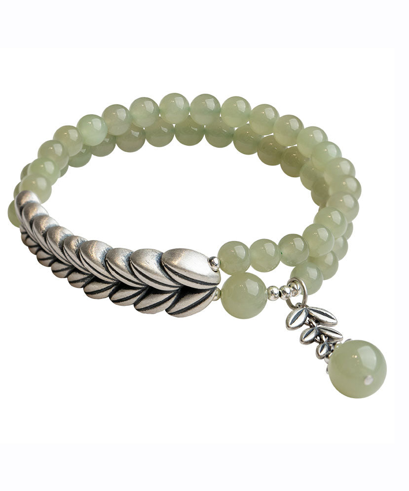 Retro Light Green Sterling Silver Jade Wheat Ear Chain Bracelet