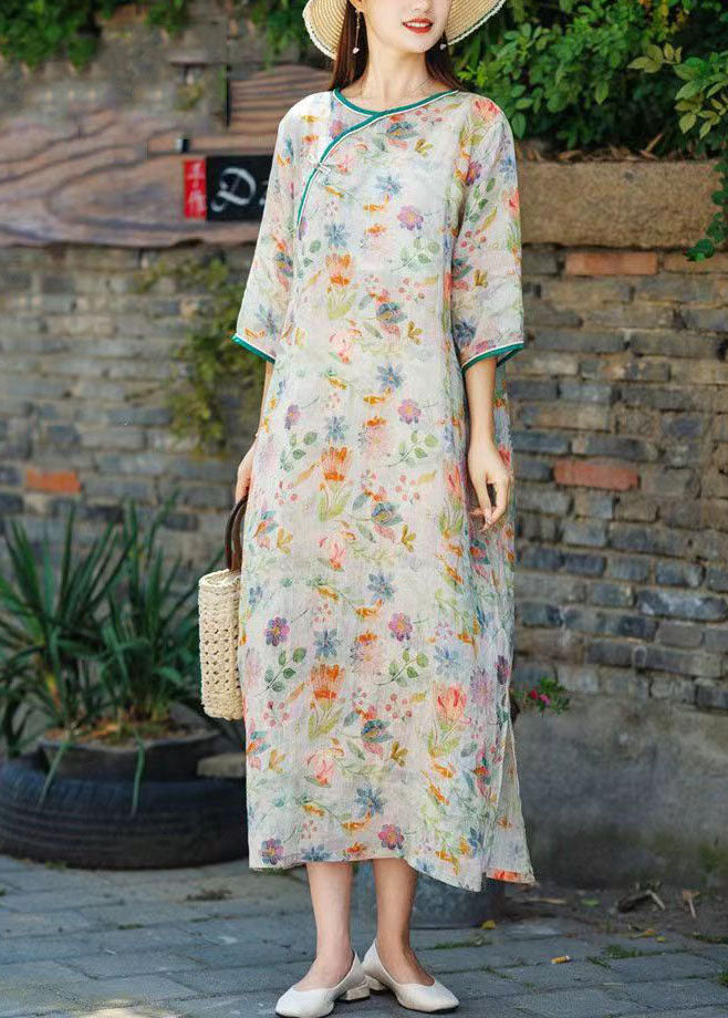 Retro Orange O Neck Print Button Patchwork Linen Dresses Summer